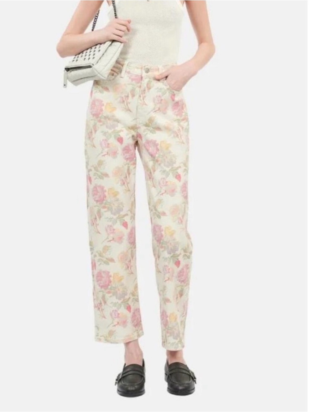 The Kooples Floral Print High-Rise Straight Jeans - Cream Pink • Size 40 / US 8